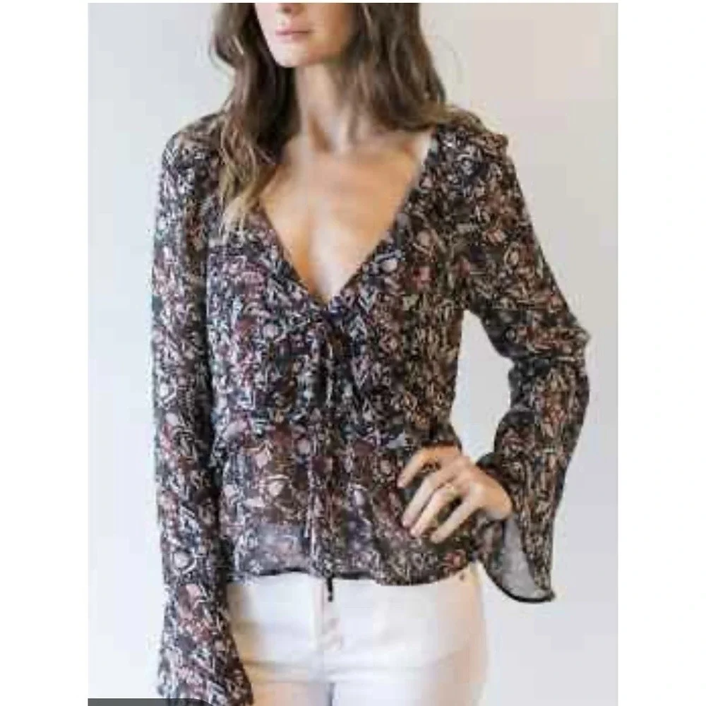 Free People NWOT Uptown Bell Sleeve Tiered Vneck Sheer Black Floral Blouse  S